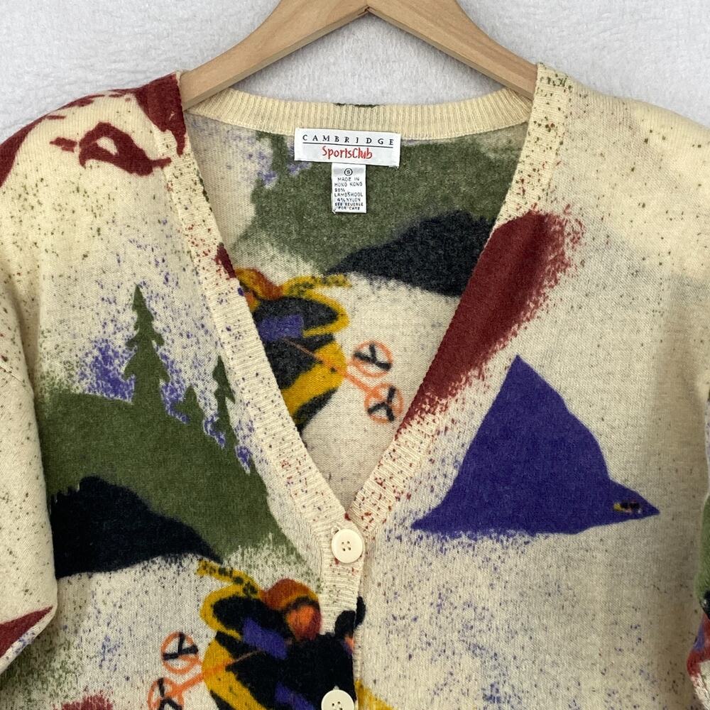 CAMBRIDGE Sweater S Cardigan Lambswool Ski Apres Aspen Sun Valley Chic VTG Beige - Picture 3 of 11